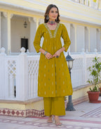 Roman Yellow Layered V Neckline Embroidered Printed A-Line 3 Piece Kurta Set with Dupatta