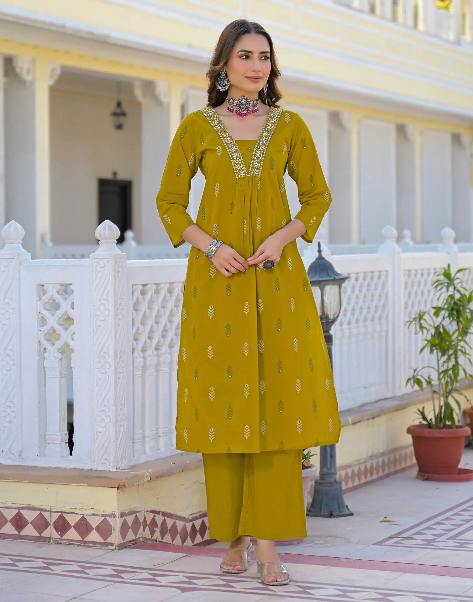 Roman Yellow Layered V Neckline Embroidered Printed A-Line 3 Piece Kurta Set with Dupatta