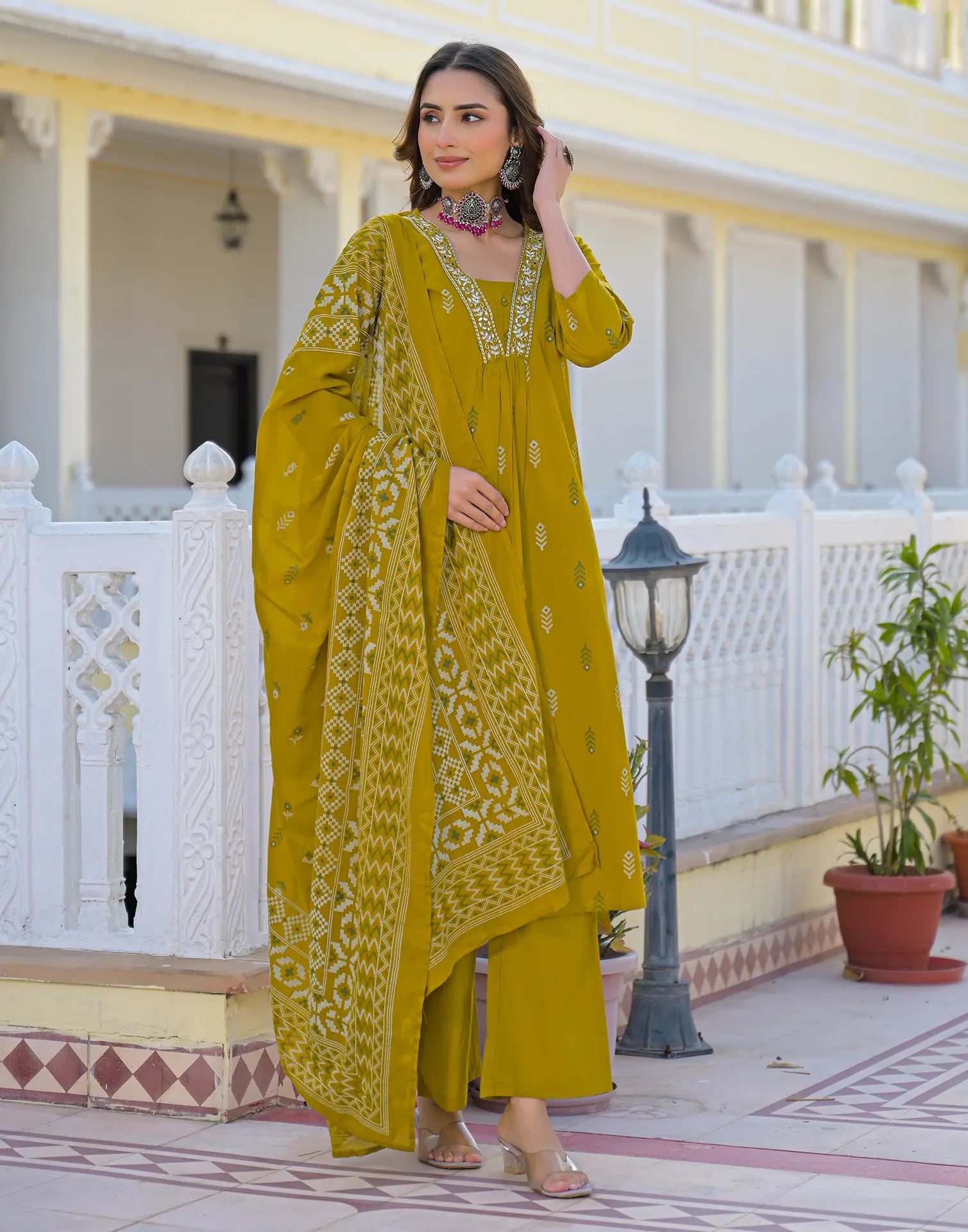 Roman Yellow Layered V Neckline Embroidered Printed A-Line 3 Piece Kurta Set with Dupatta