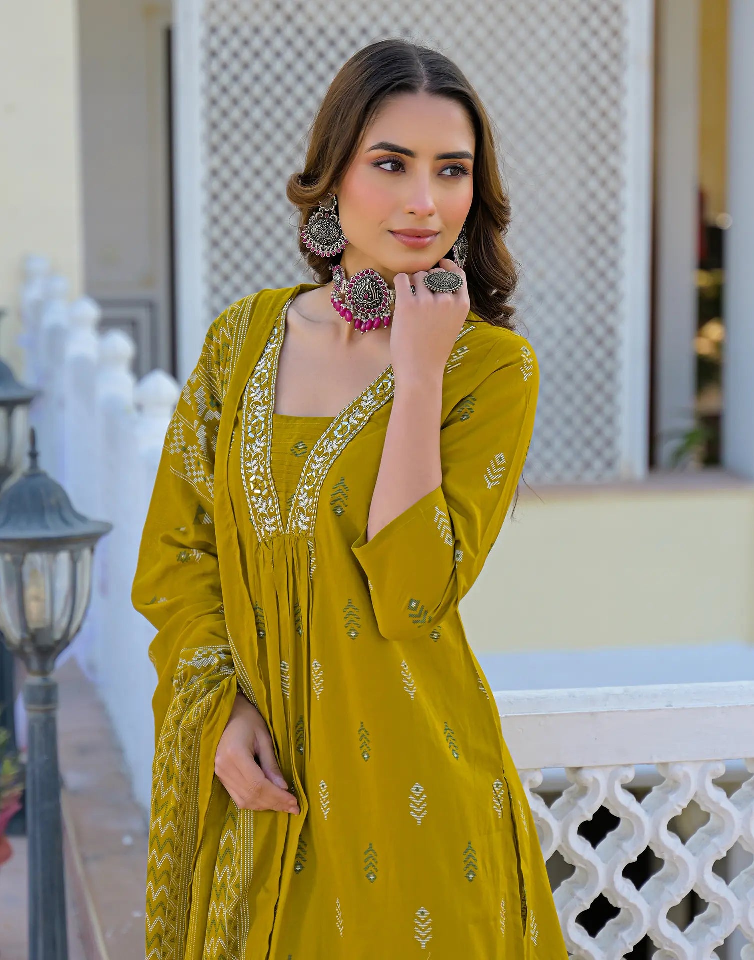 Roman Yellow Layered V Neckline Embroidered Printed A-Line 3 Piece Kurta Set with Dupatta