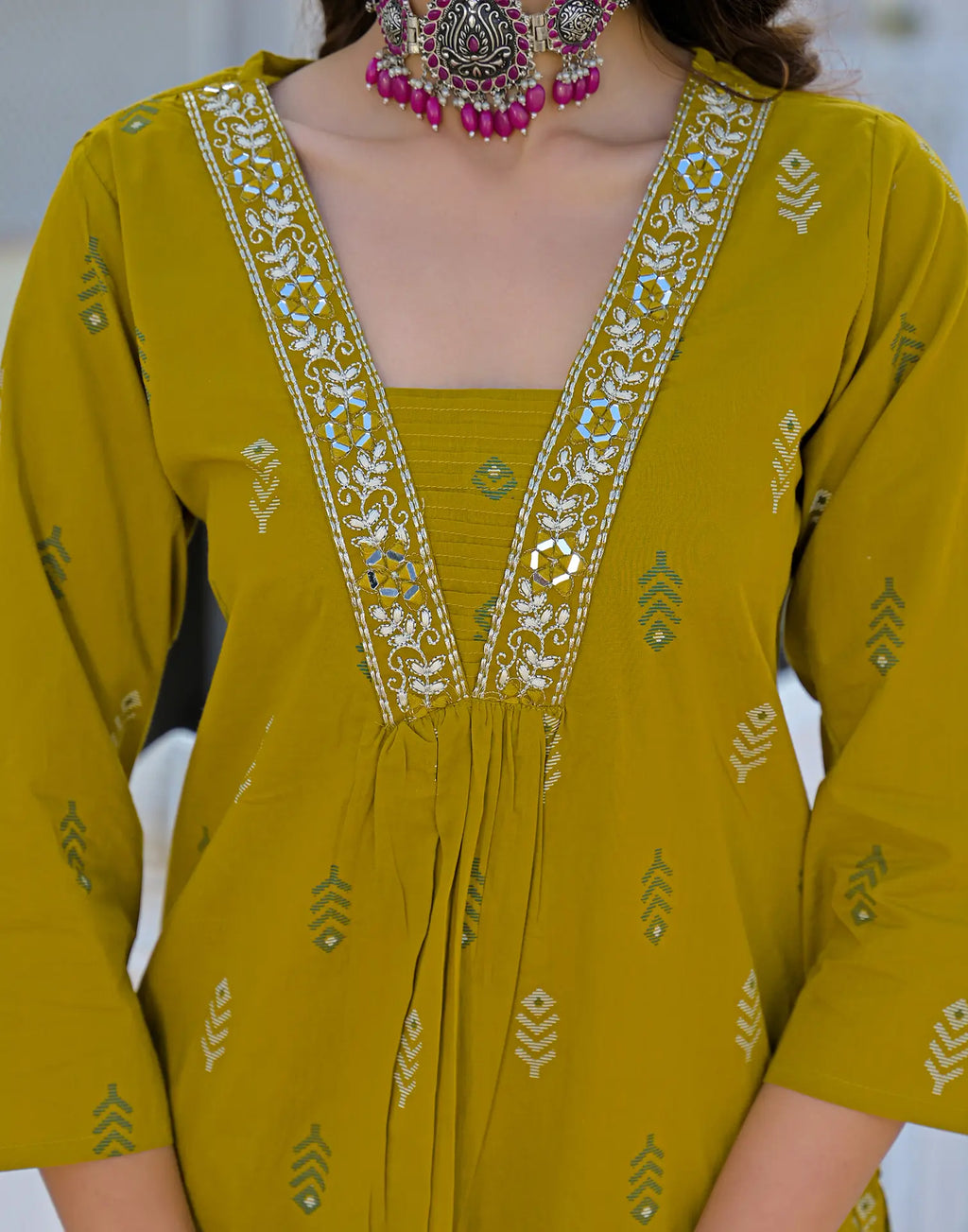 Roman Yellow Layered V Neckline Embroidered Printed A-Line 3 Piece Kurta Set with Dupatta