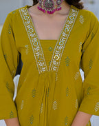 Roman Yellow Layered V Neckline Embroidered Printed A-Line 3 Piece Kurta Set with Dupatta