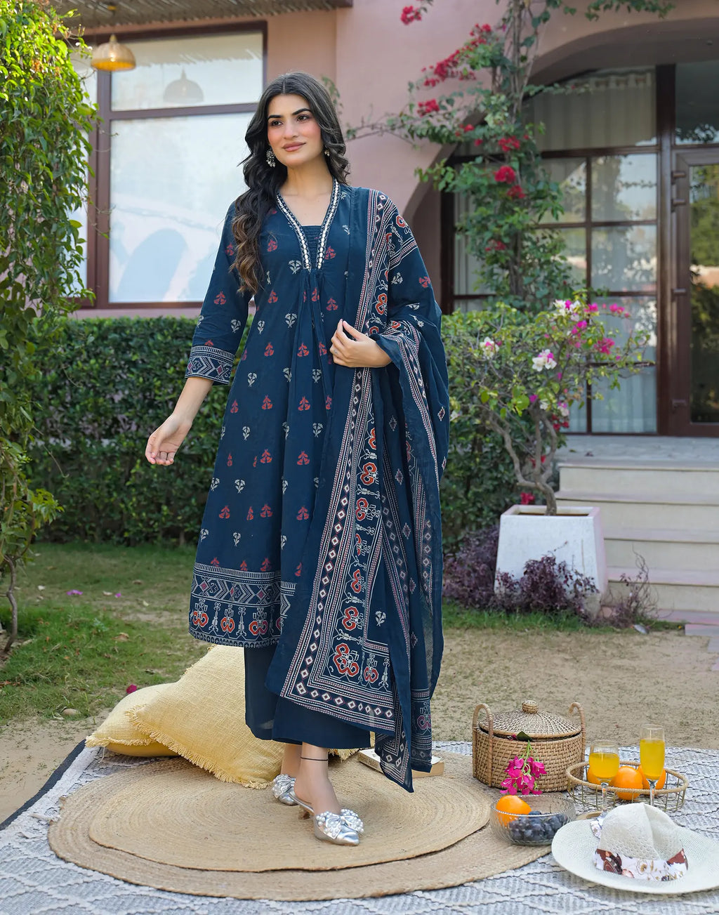 Ink Blue Deep V-Neck Printed A-Line 3 Piece Kurta Set with Dupatta