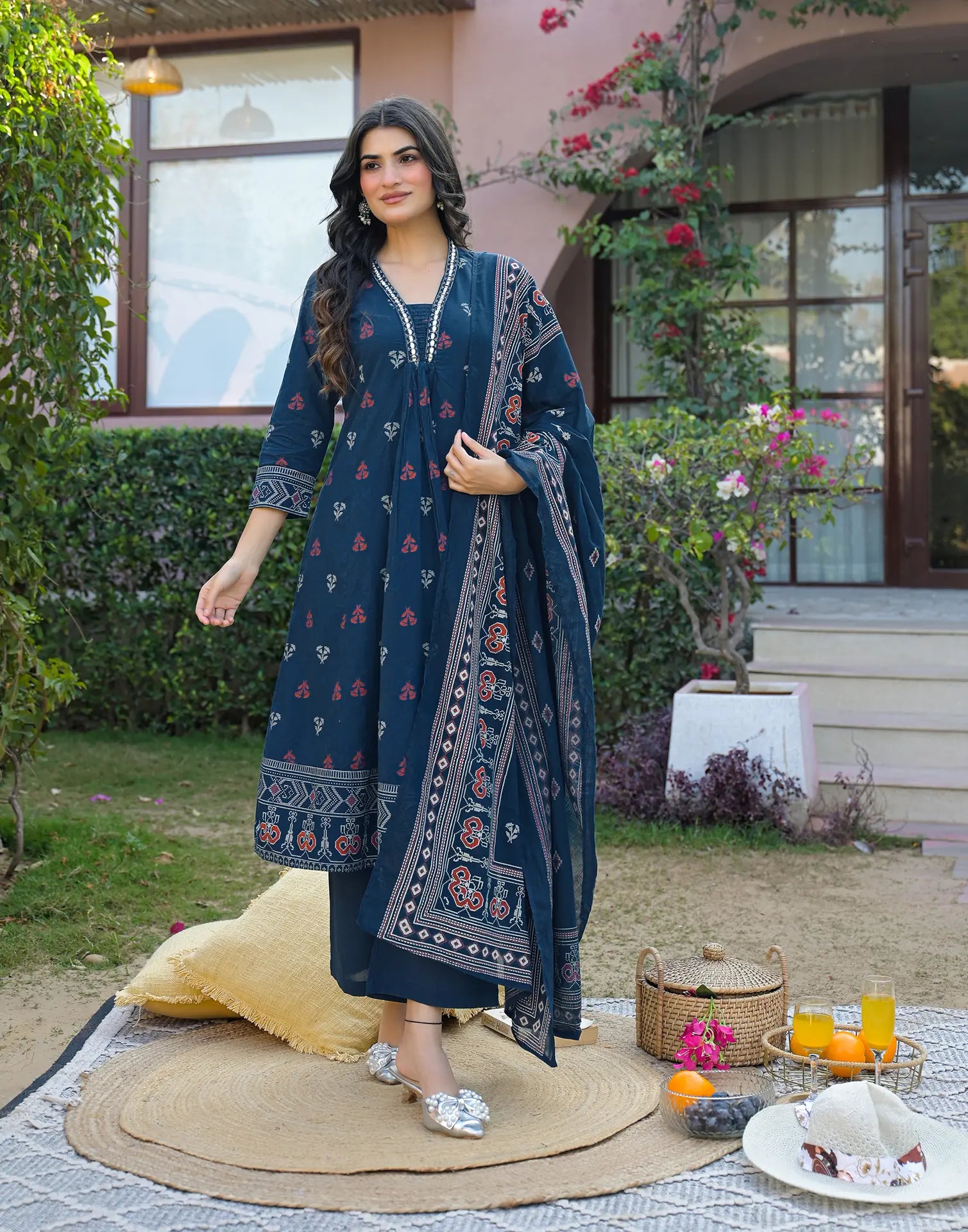Ink Blue Deep V-Neck Printed A-Line 3 Piece Kurta Set with Dupatta