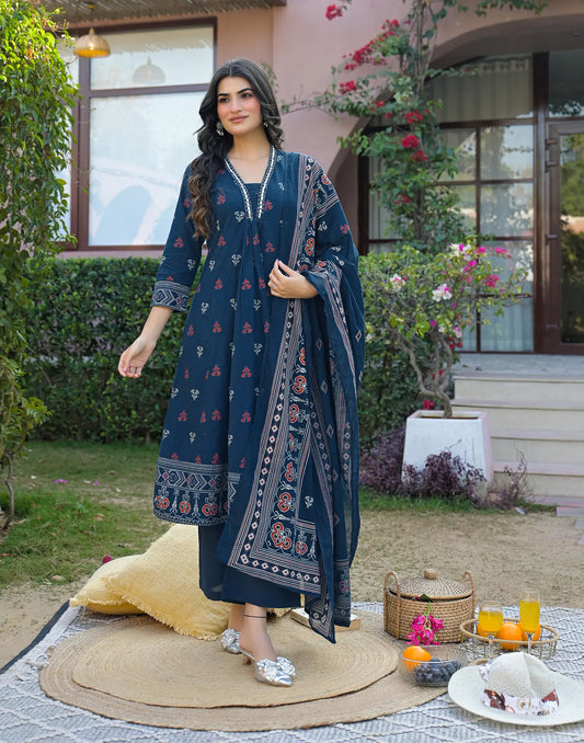 Ink Blue Deep V-Neck Printed A-Line 3 Piece Kurta Set With Dupatta
