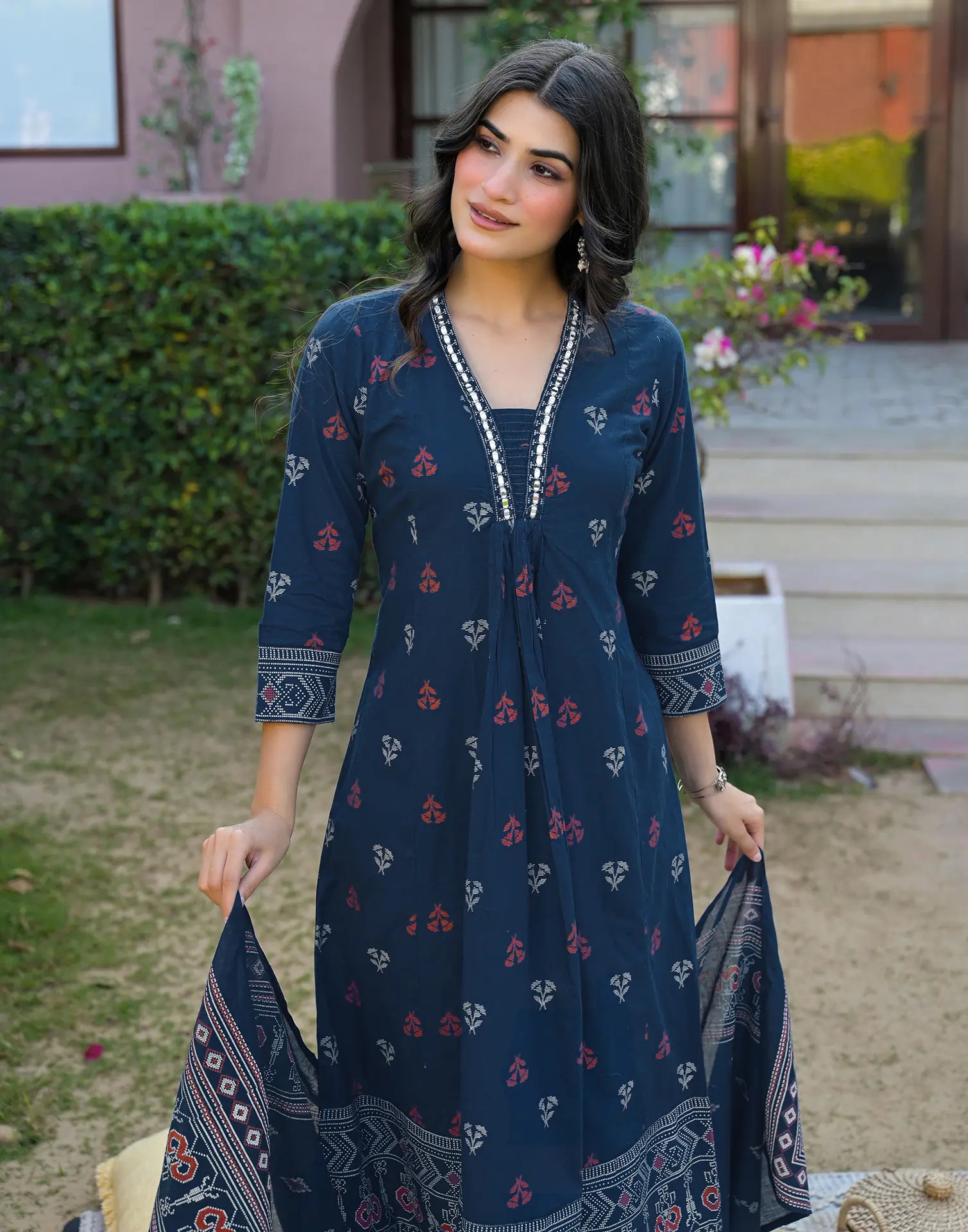 Ink Blue Deep V-Neck Printed A-Line 3 Piece Kurta Set with Dupatta