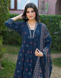 Ink Blue Deep V-Neck Printed A-Line 3 Piece Kurta Set with Dupatta