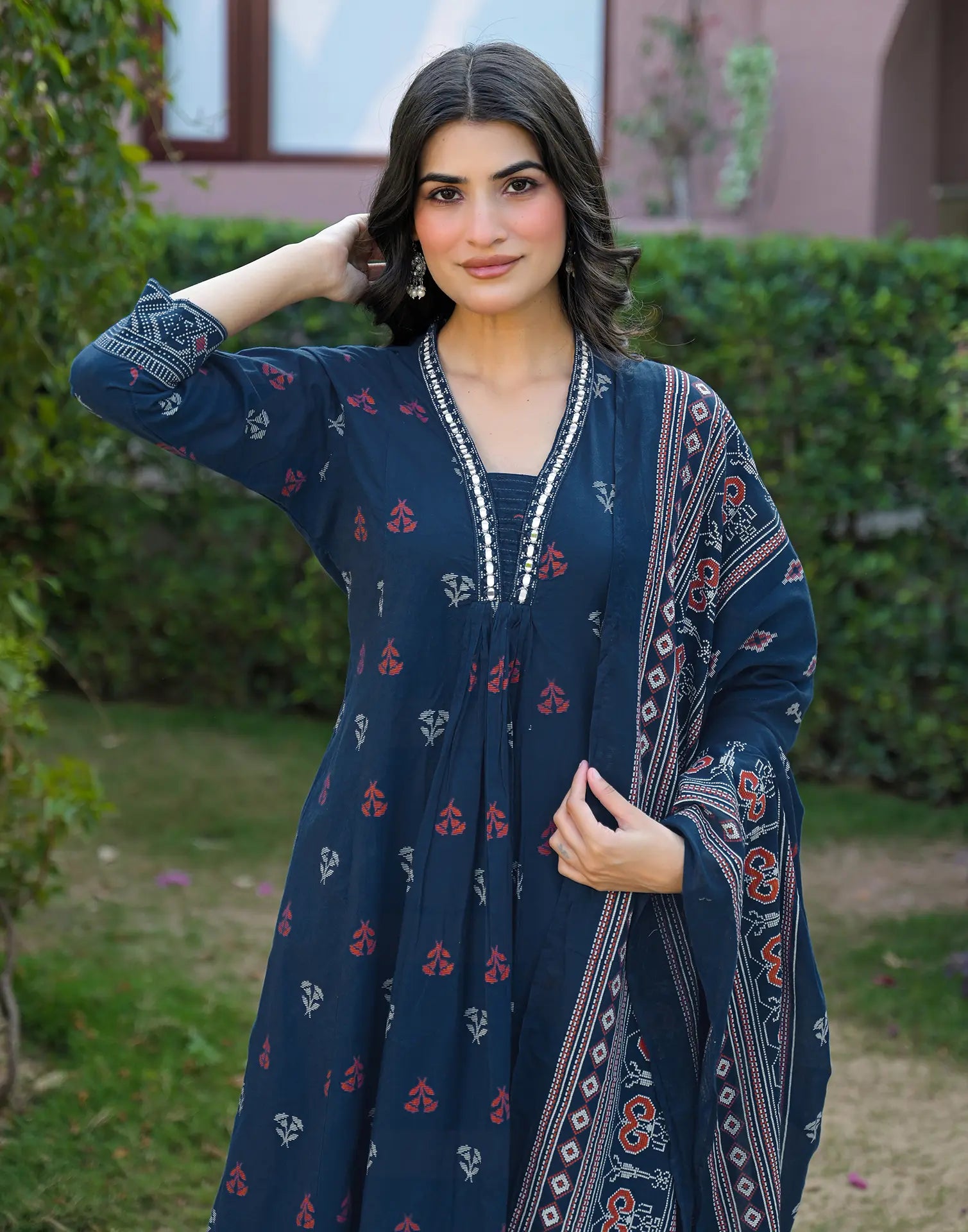 Ink Blue Deep V-Neck Printed A-Line 3 Piece Kurta Set with Dupatta