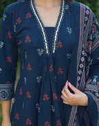 Ink Blue Deep V-Neck Printed A-Line 3 Piece Kurta Set with Dupatta