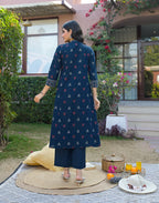 Ink Blue Deep V-Neck Printed A-Line 3 Piece Kurta Set with Dupatta