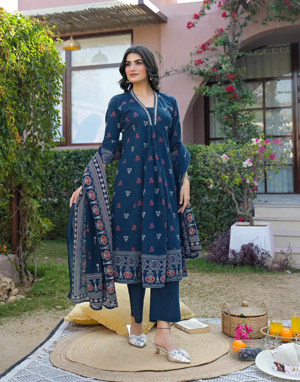 Ink Blue Deep V-Neck Printed A-Line 3 Piece Kurta Set with Dupatta