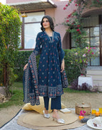 Ink Blue Deep V-Neck Printed A-Line 3 Piece Kurta Set with Dupatta