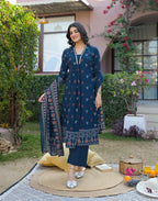 Ink Blue Deep V-Neck Printed A-Line 3 Piece Kurta Set with Dupatta