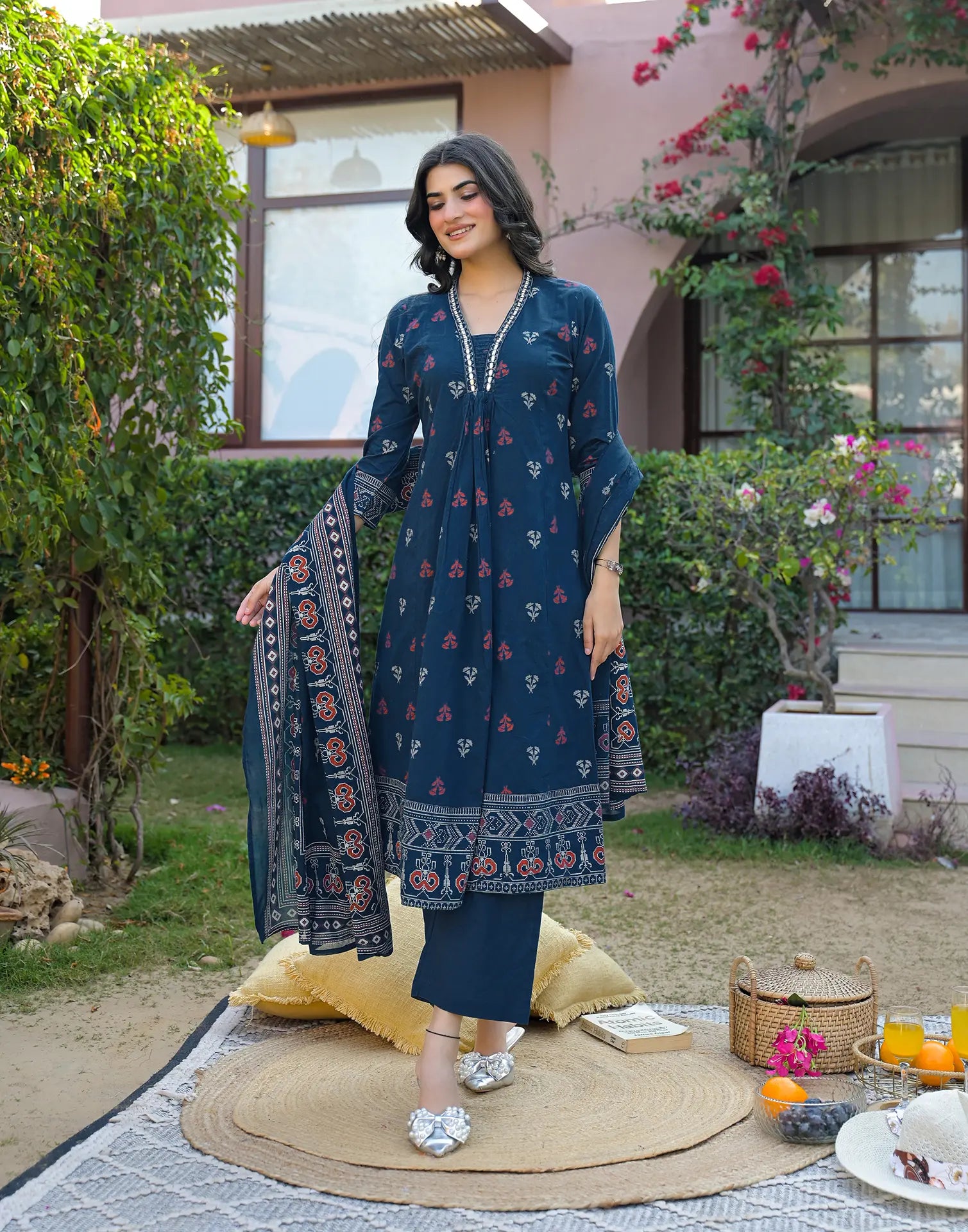 Ink Blue Deep V-Neck Printed A-Line 3 Piece Kurta Set with Dupatta