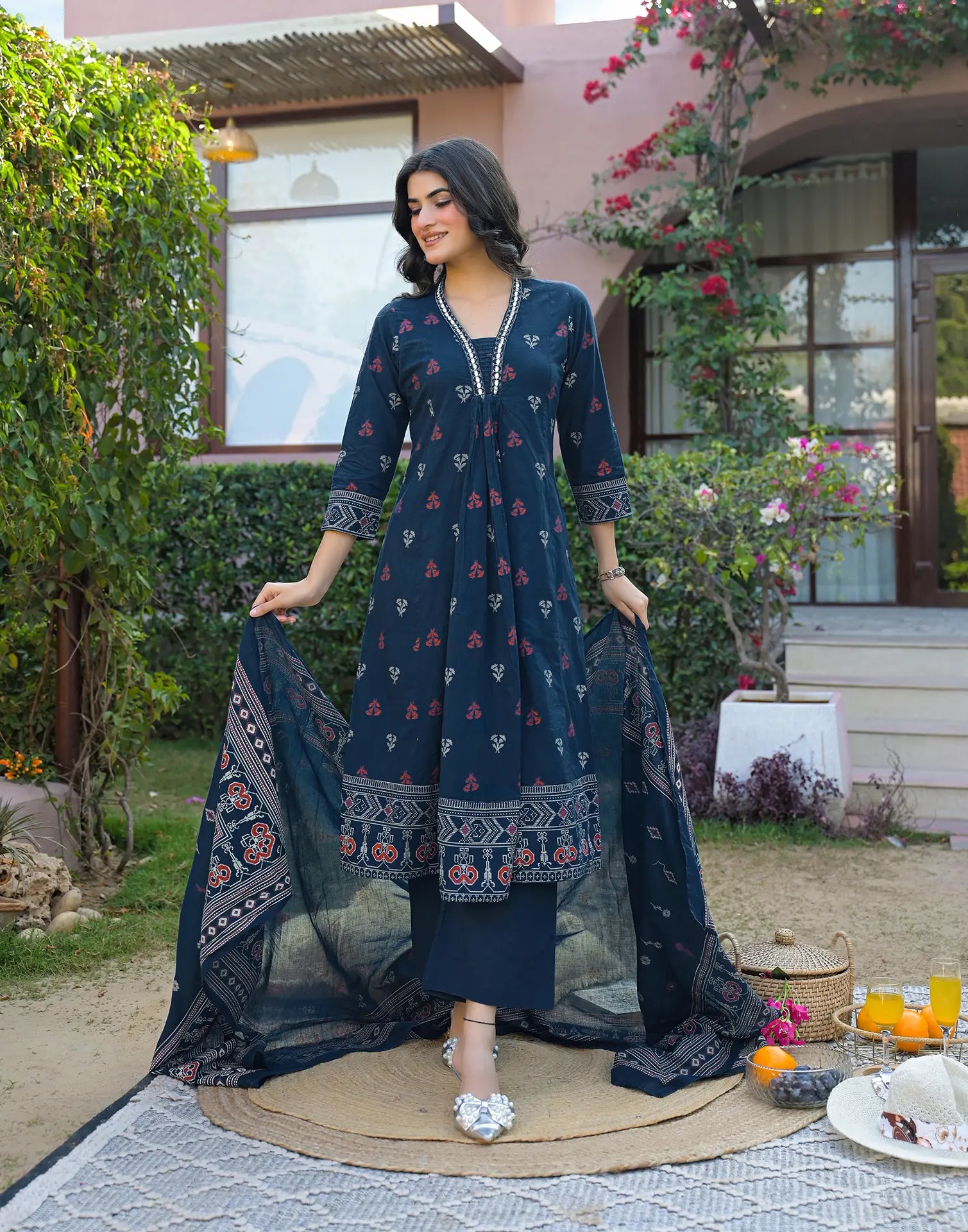 Ink Blue Deep V-Neck Printed A-Line 3 Piece Kurta Set with Dupatta