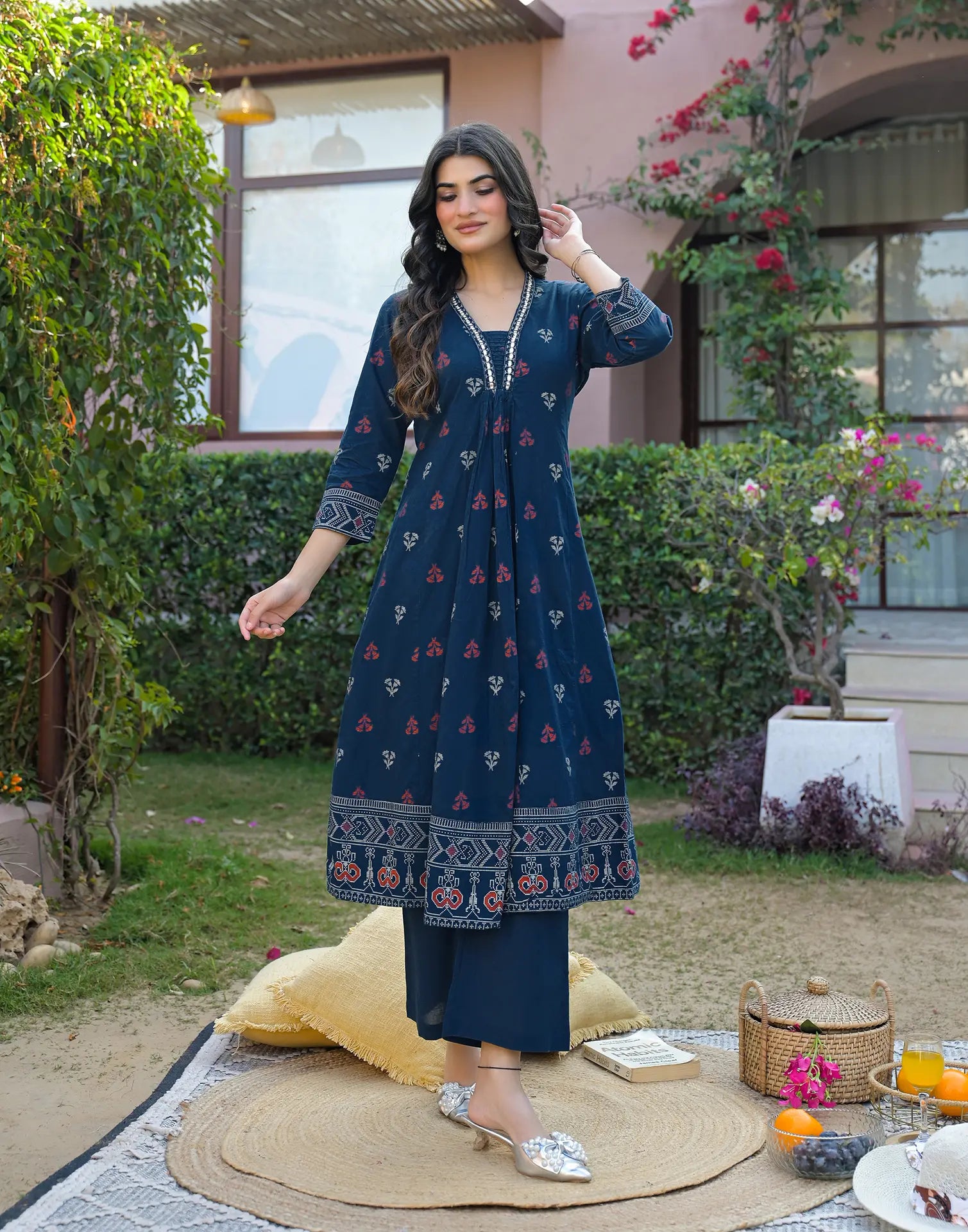 Ink Blue Deep V-Neck Printed A-Line 3 Piece Kurta Set with Dupatta