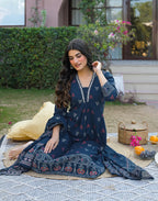 Ink Blue Deep V-Neck Printed A-Line 3 Piece Kurta Set with Dupatta