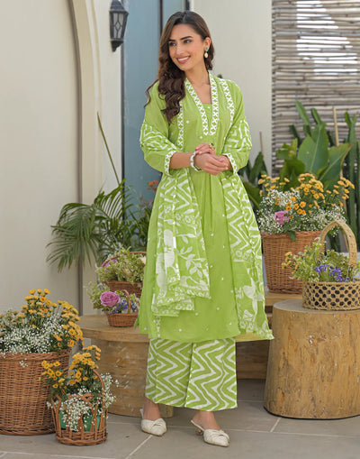 Cotton Embroidered A-Line 3 Piece Kurta Set
