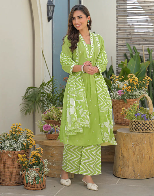 Cotton Embroidered A-Line 3 Piece Kurta Set