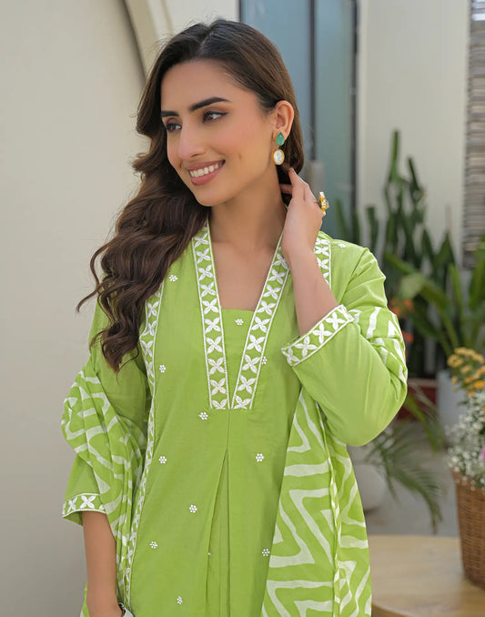 Cotton Embroidered A-Line 3 Piece Kurta Set