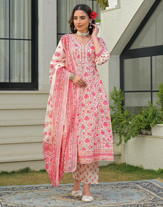 Cotton Floral Print Anarkali 3 Piece Kurta Set