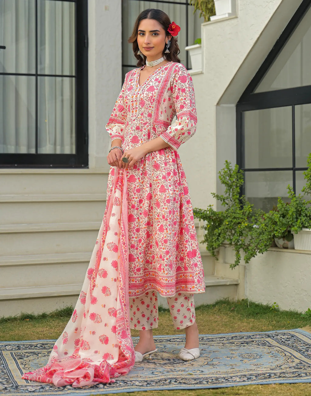 Skylee Cotton Floral Print Anarkali 3 Piece Kurta Set For Woman