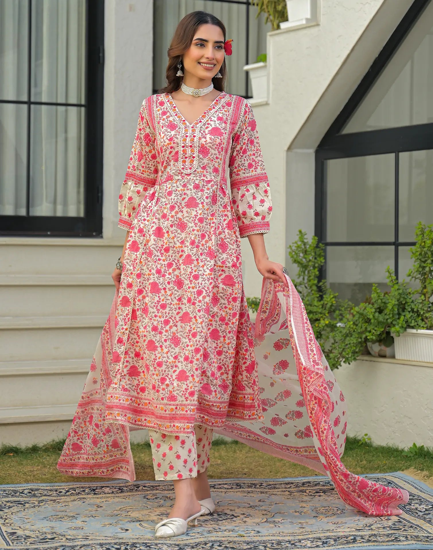 Skylee Cotton Floral Print Anarkali 3 Piece Kurta Set For Woman