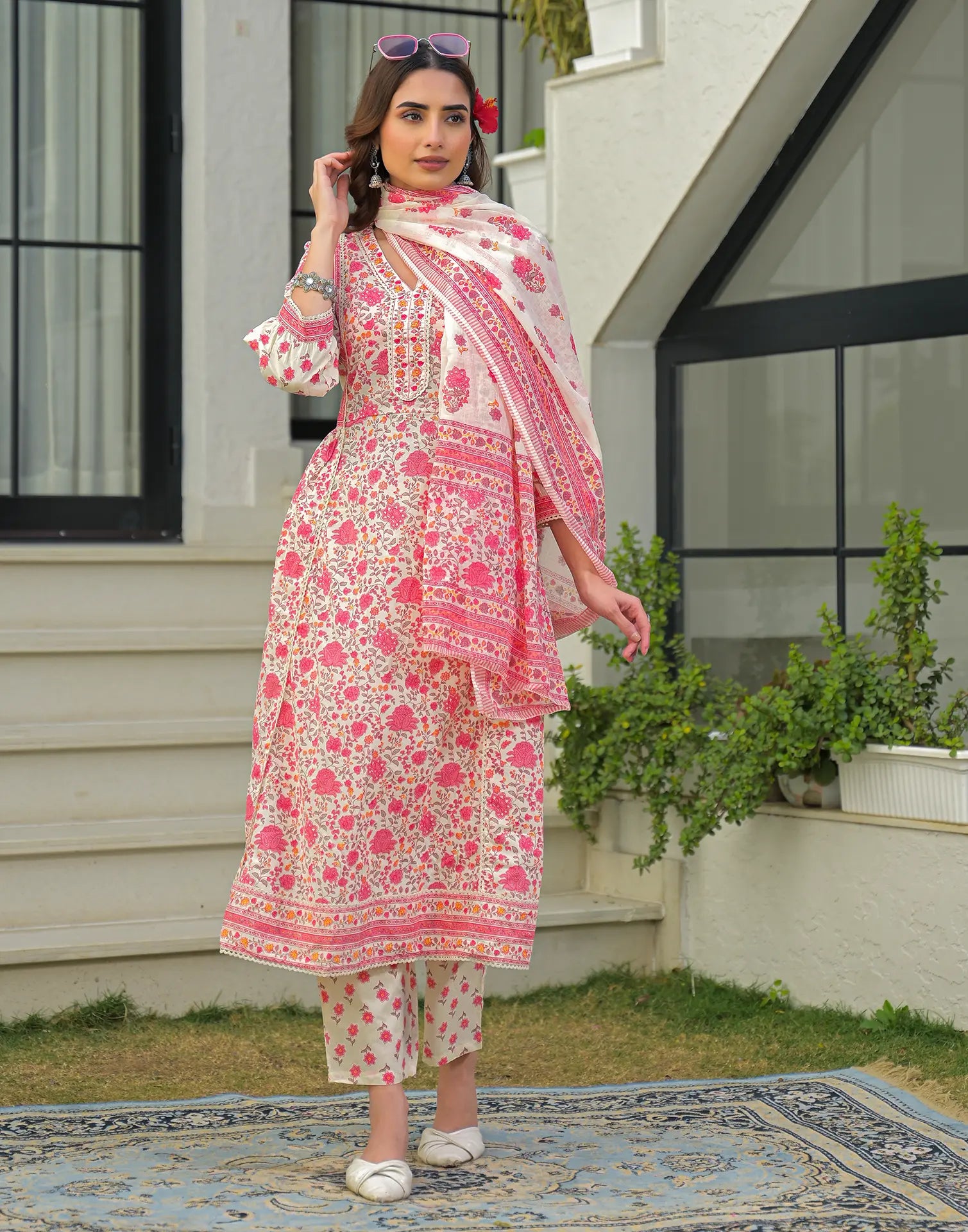Skylee Cotton Floral Print Anarkali 3 Piece Kurta Set For Woman