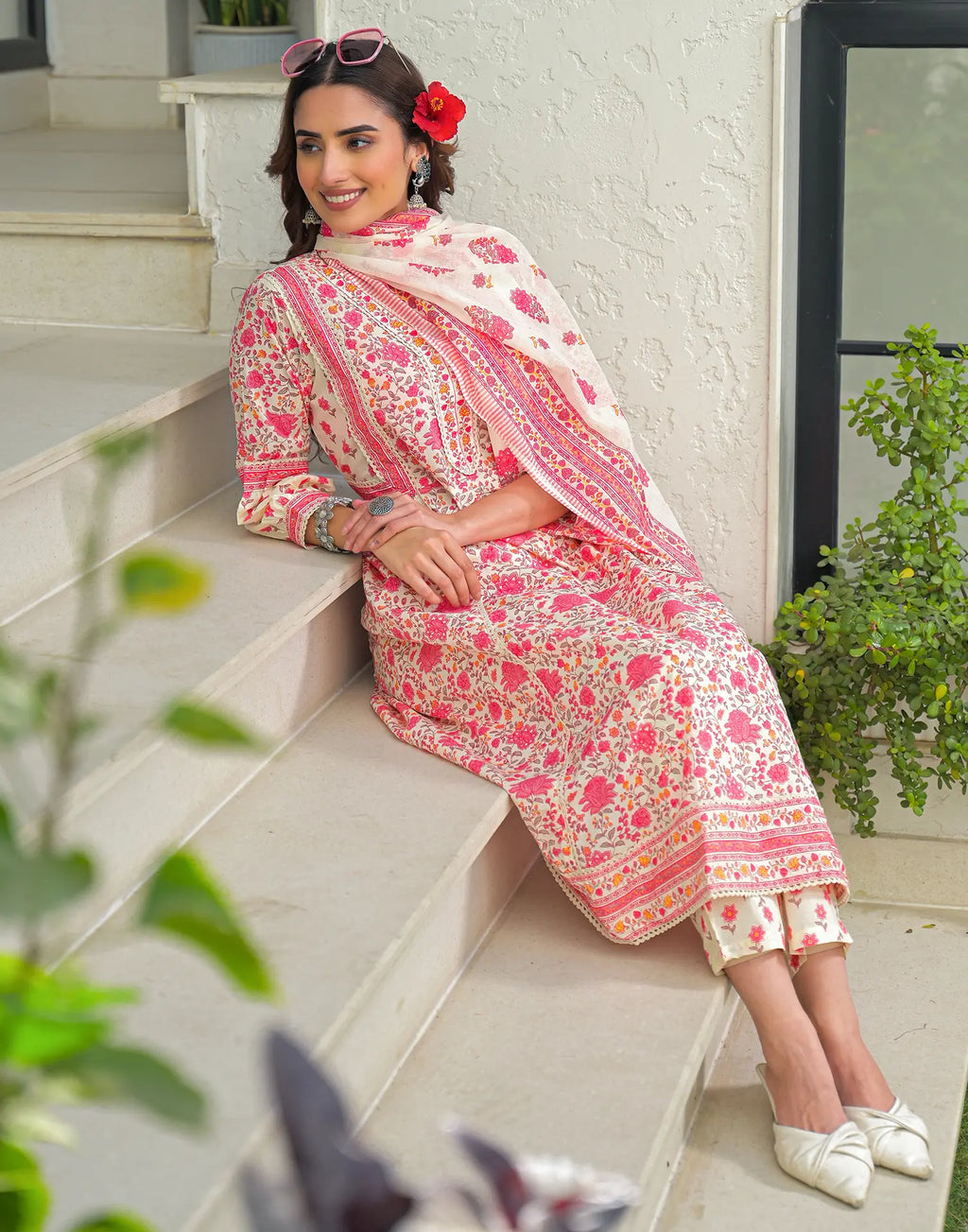 Skylee Cotton Floral Print Anarkali 3 Piece Kurta Set For Woman