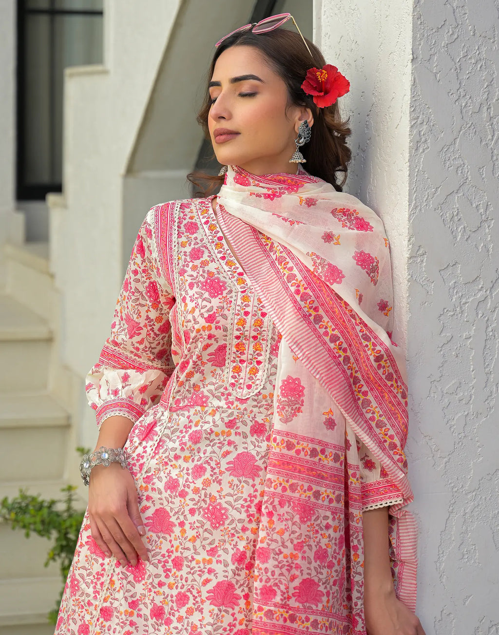 Skylee Cotton Floral Print Anarkali 3 Piece Kurta Set For Woman