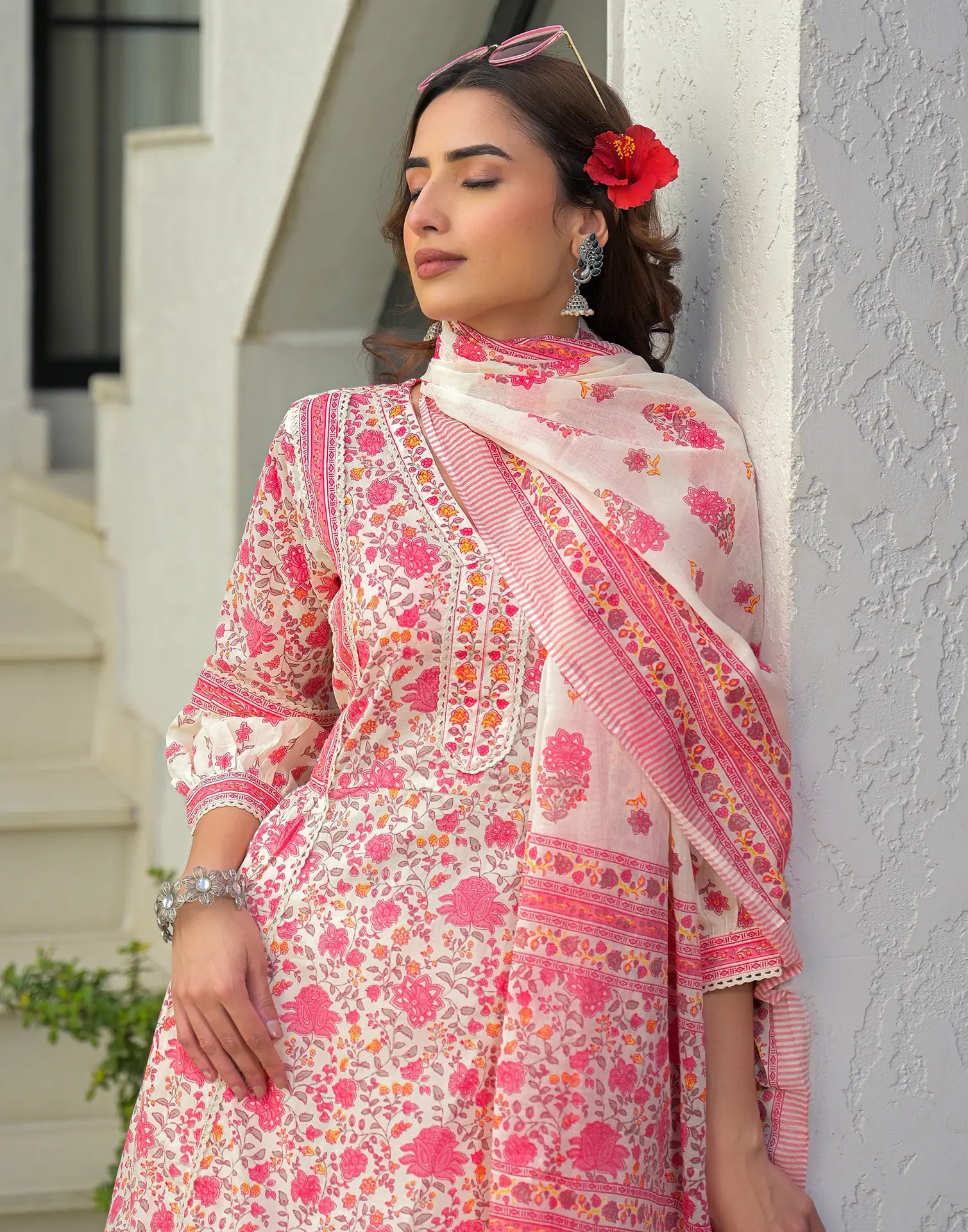 Skylee Cotton Floral Print Anarkali 3 Piece Kurta Set For Woman