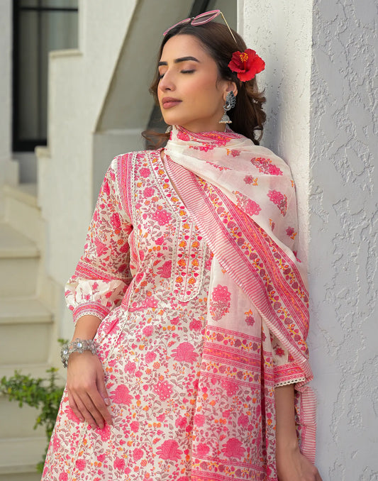 Cotton Floral Print Anarkali 3 Piece Kurta Set
