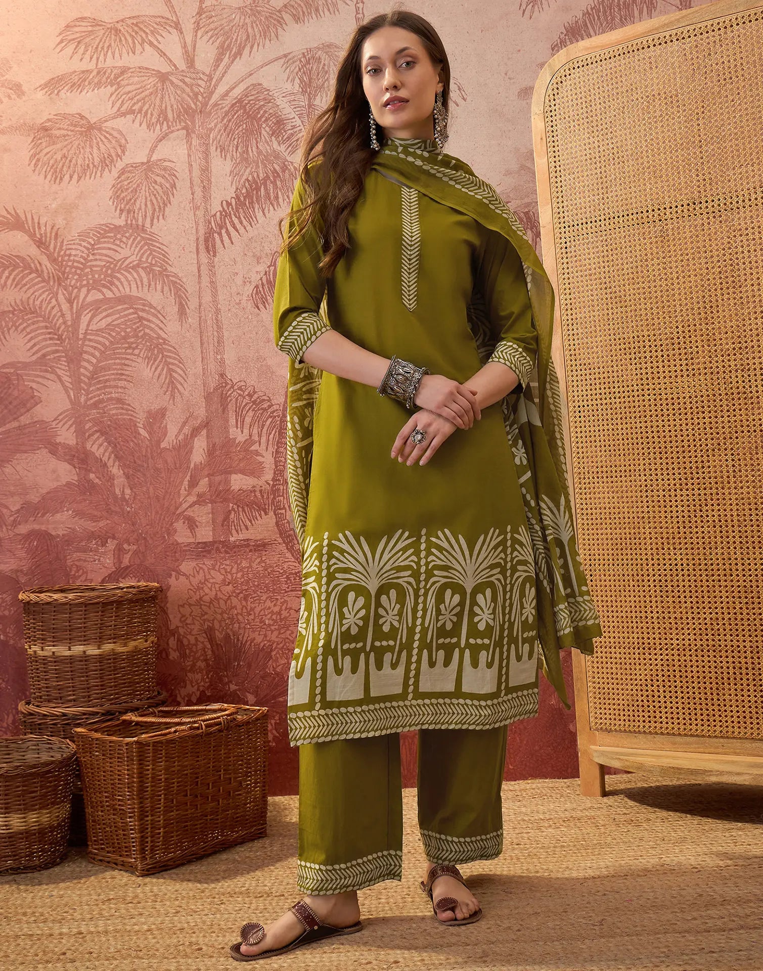 Earthy Olive Green Round Neck Digital Printed Straight 3 Piece Kurta Set with Dupatta