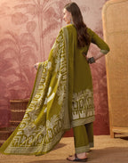 Earthy Olive Green Round Neck Digital Printed Straight 3 Piece Kurta Set with Dupatta