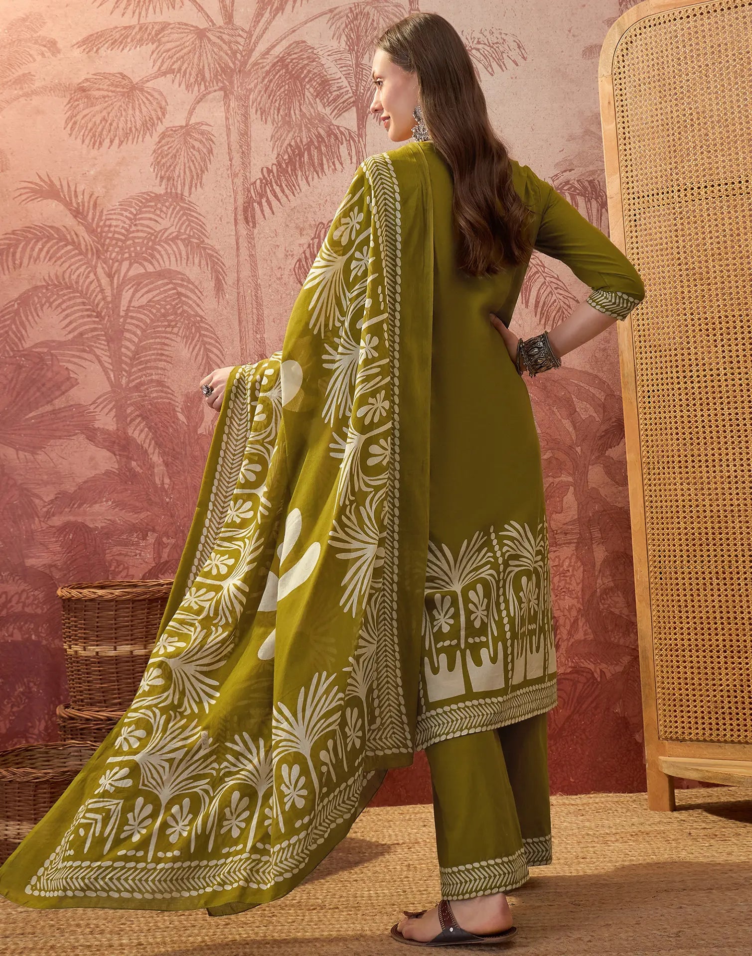 Earthy Olive Green Round Neck Digital Printed Straight 3 Piece Kurta Set with Dupatta