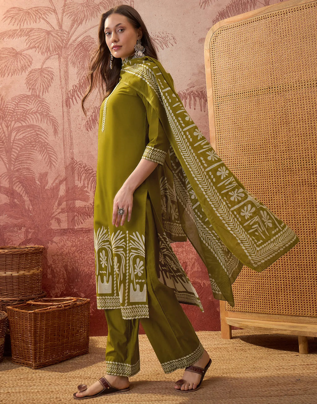 Earthy Olive Green Round Neck Digital Printed Straight 3 Piece Kurta Set with Dupatta