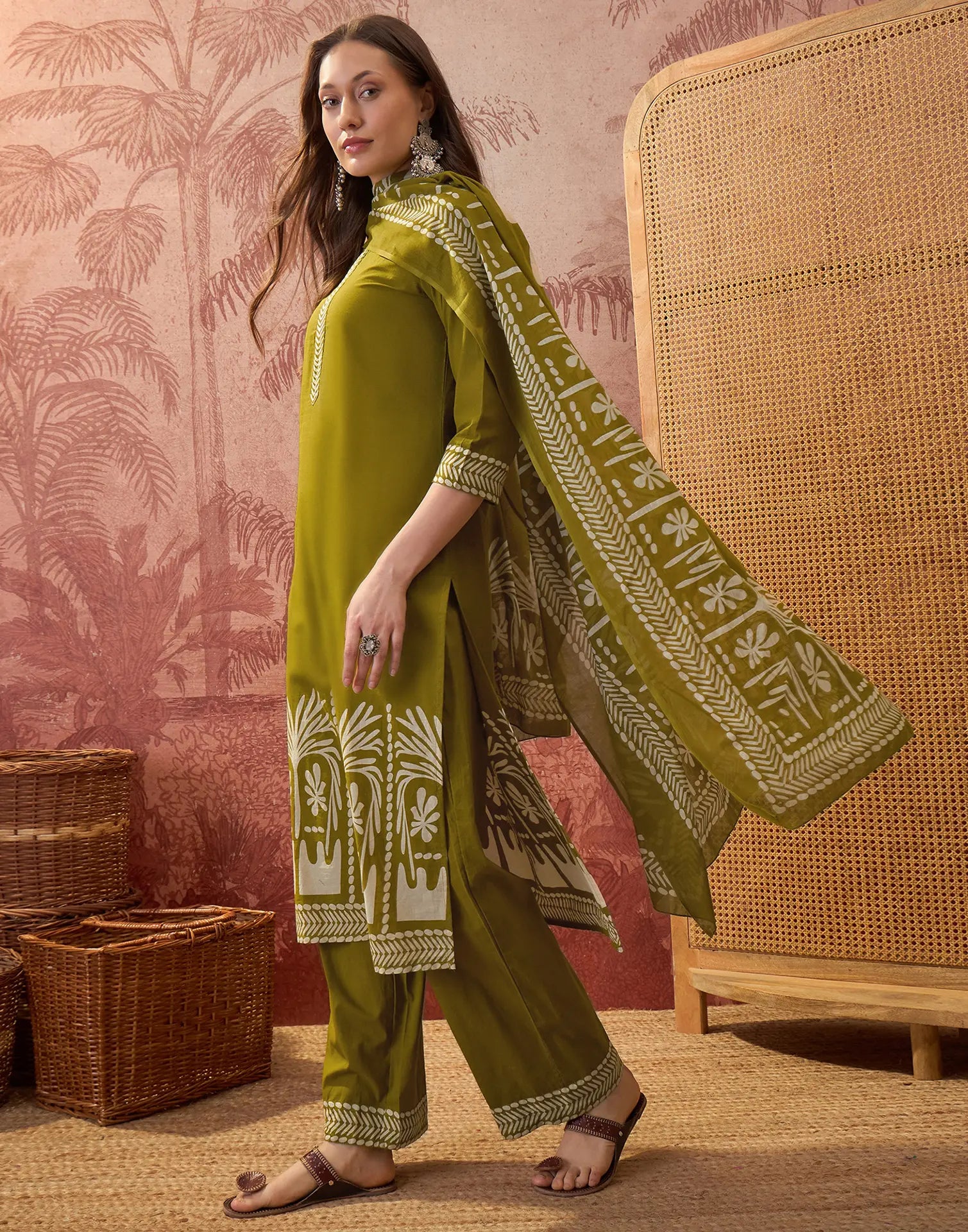 Earthy Olive Green Round Neck Digital Printed Straight 3 Piece Kurta Set with Dupatta