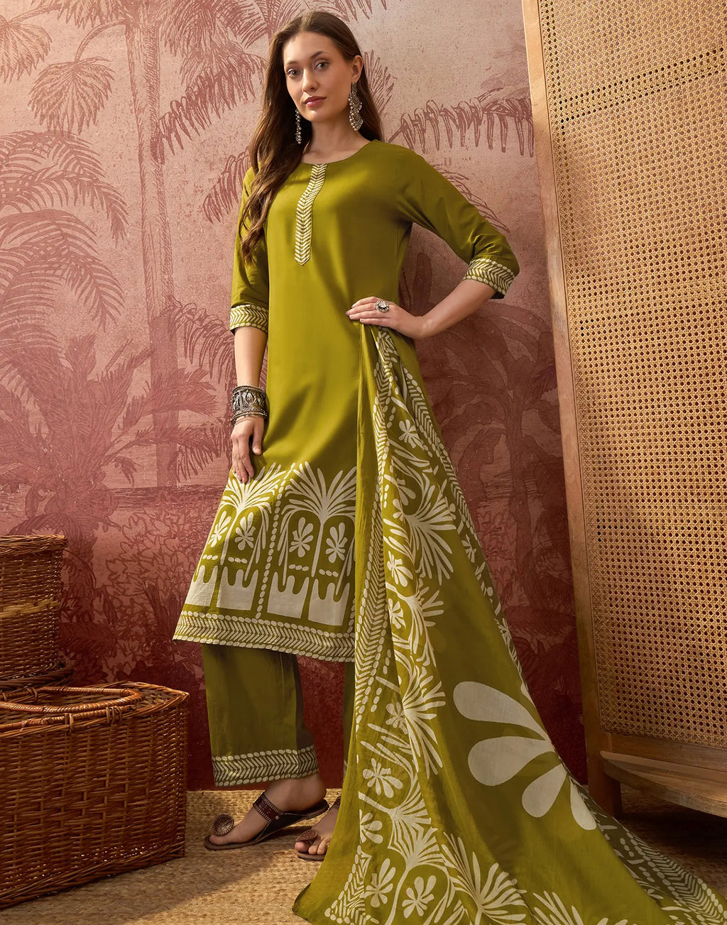 Earthy Olive Green Round Neck Digital Printed Straight 3 Piece Kurta Set with Dupatta