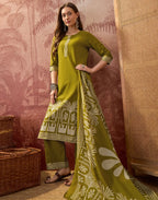 Earthy Olive Green Round Neck Digital Printed Straight 3 Piece Kurta Set with Dupatta