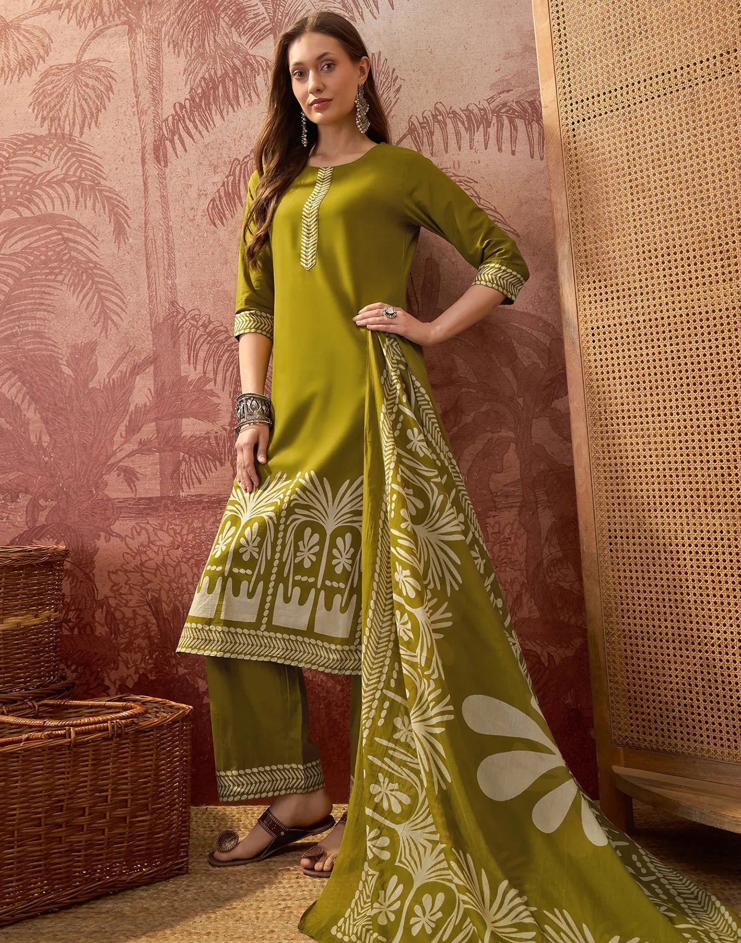 Earthy Olive Green Round Neck Digital Printed Straight 3 Piece Kurta Set with Dupatta