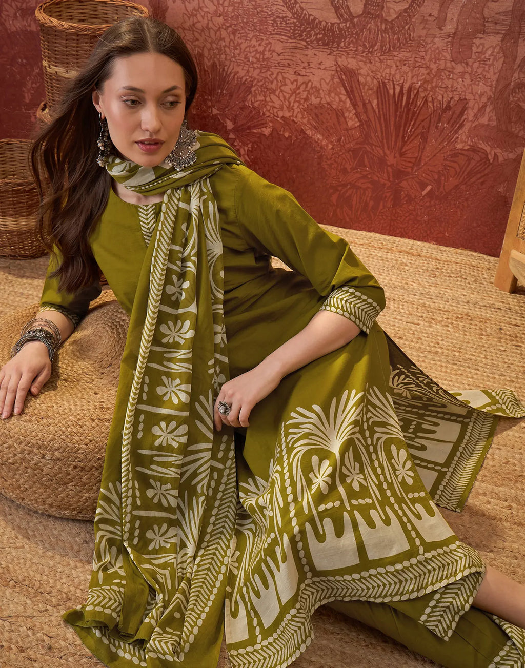 Earthy Olive Green Round Neck Digital Printed Straight 3 Piece Kurta Set with Dupatta