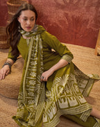 Earthy Olive Green Round Neck Digital Printed Straight 3 Piece Kurta Set with Dupatta