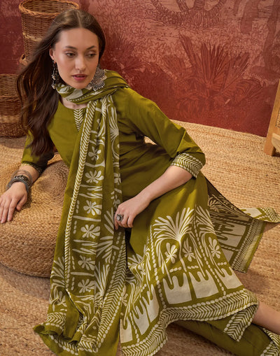 Earthy Olive Green Round Neck Digital Printed Straight 3 Piece Kurta Set With Dupatta