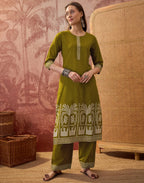 Earthy Olive Green Round Neck Digital Printed Straight 3 Piece Kurta Set with Dupatta