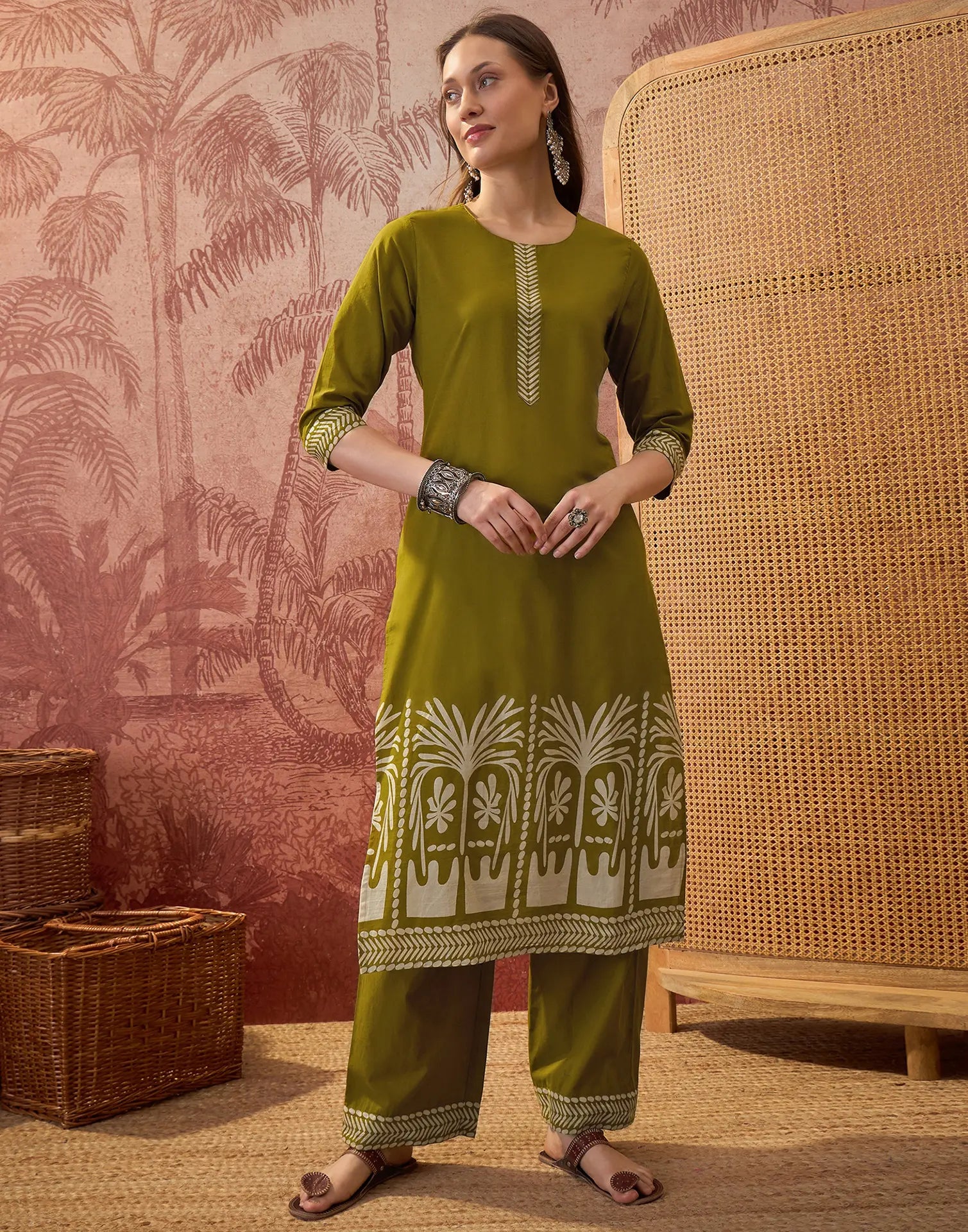 Earthy Olive Green Round Neck Digital Printed Straight 3 Piece Kurta Set with Dupatta