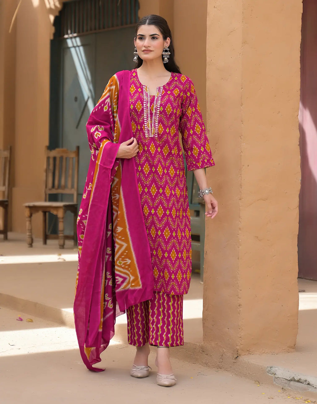 Barbie Pink Notched Round Neck Embroidered Printed Straight 3 Piece Kurta Set with Dupatta