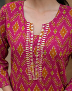 Barbie Pink Notched Round Neck Embroidered Printed Straight 3 Piece Kurta Set with Dupatta