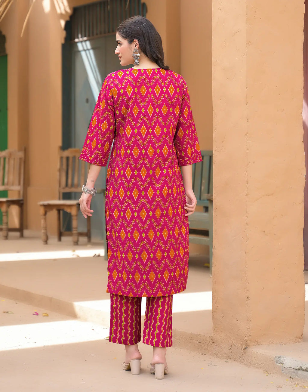 Barbie Pink Notched Round Neck Embroidered Printed Straight 3 Piece Kurta Set with Dupatta
