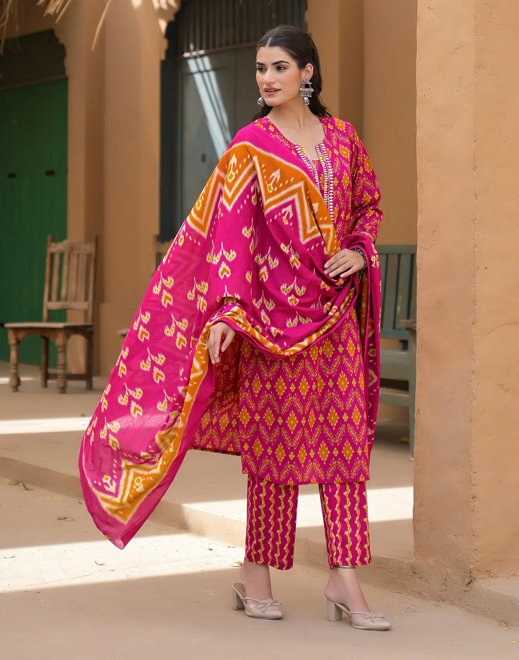 Barbie Pink Notched Round Neck Embroidered Printed Straight 3 Piece Kurta Set with Dupatta