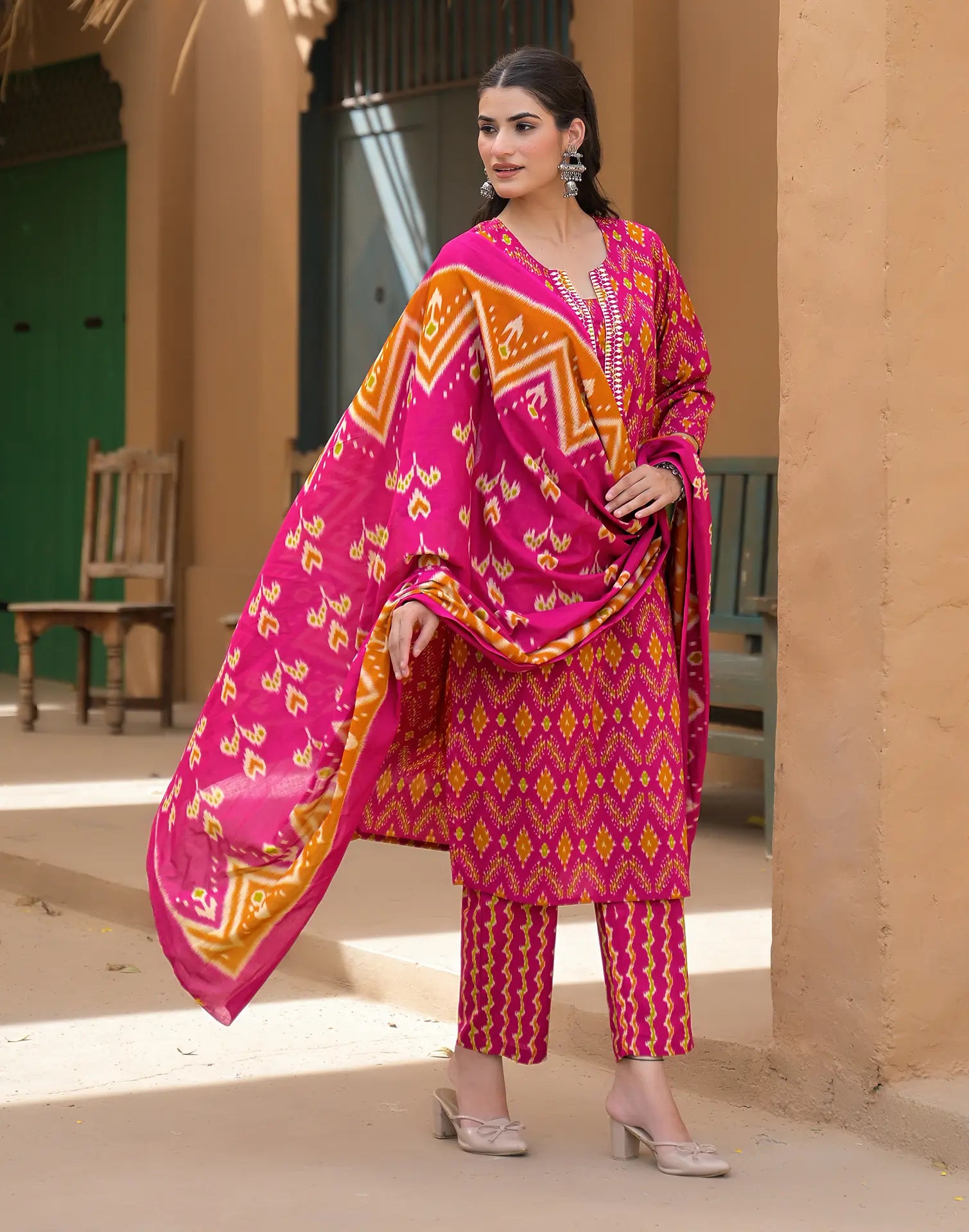 Barbie Pink Notched Round Neck Embroidered Printed Straight 3 Piece Kurta Set with Dupatta